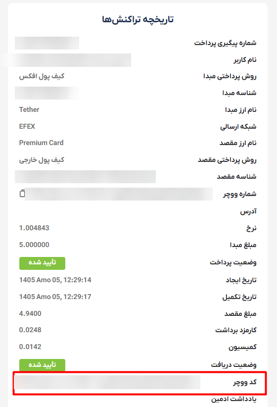 جزئیات تراکنش و محل نمایش کد پریمیوم ووچر در افکس
